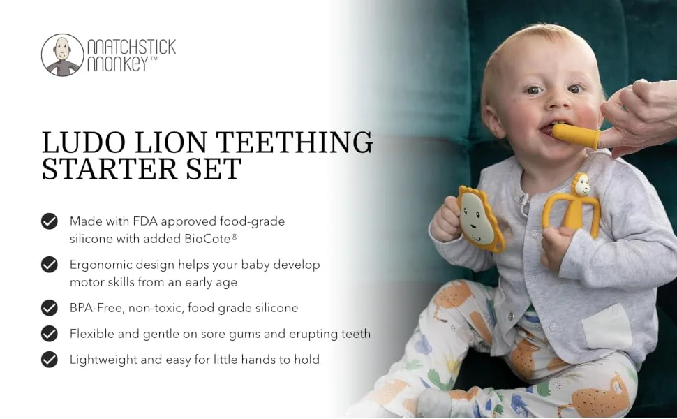 Matchstick Monkey Antimicrobial Teething Starter Set - 1 Flat Face Teether 1 Animal Teether 2 Silicone Finger Toothbrushes 3 Months Old+ Ludo Lion Ludo Lion Set 3 Months Old+ - Ludo Lion Teeting Gift Set