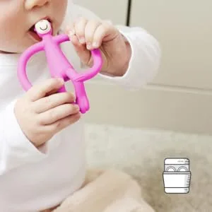 Matchstick Monkey Antimicrobial Teething Starter Set - 1 Flat Face Teether 1 Animal Teether 2 Silicone Finger Toothbrushes 3 Months Old+ Pink Monkey Pink Monkey Set 3 Months Old+ - Dishwasher Safe