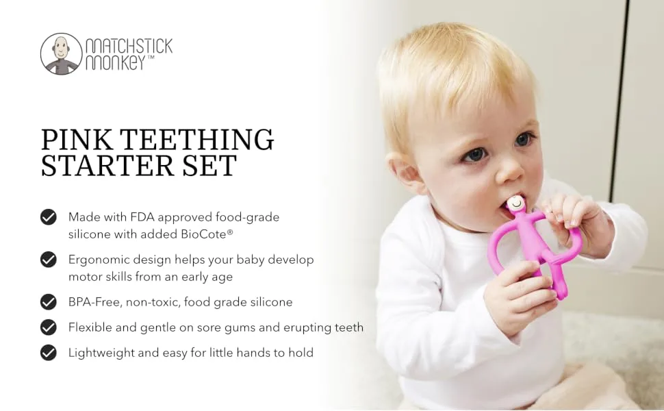 Matchstick Monkey Antimicrobial Teething Starter Set - 1 Flat Face Teether 1 Animal Teether 2 Silicone Finger Toothbrushes 3 Months Old+ Pink Monkey Pink Monkey Set 3 Months Old+ - Pink Teething Starter Set