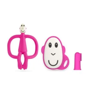 Matchstick Monkey Antimicrobial Teething Starter Set - 1 Flat Face Teether 1 Animal Teether 2 Silicone Finger Toothbrushes 3 Months Old+ Pink Monkey Pink Monkey Set 3 Months Old+ - Pink Teething Starter Set