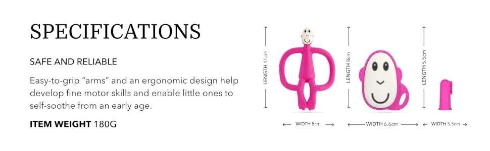 Matchstick Monkey Antimicrobial Teething Starter Set - 1 Flat Face Teether 1 Animal Teether 2 Silicone Finger Toothbrushes 3 Months Old+ Pink Monkey Pink Monkey Set 3 Months Old+ - salfe and reliable ergonomic designs