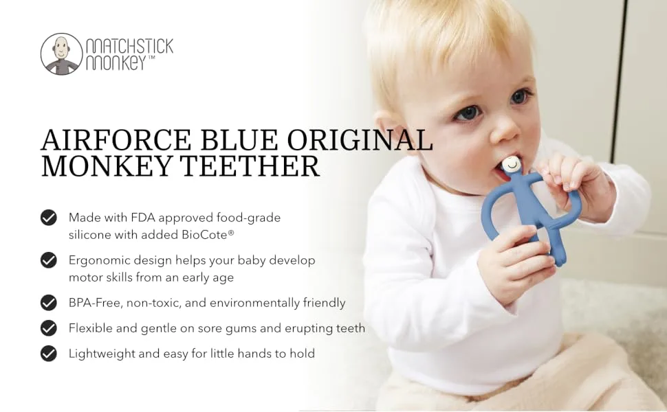 Matchstick Monkey Original Teether & Gel Applicator Silicone Easy To Grip BPA Free 3 Months Old+ 10.5 cm Airforce Blue Monkey Airforce Blue Monkey 3 Months Old+ 1 Original Monkey Teether - OMTAB