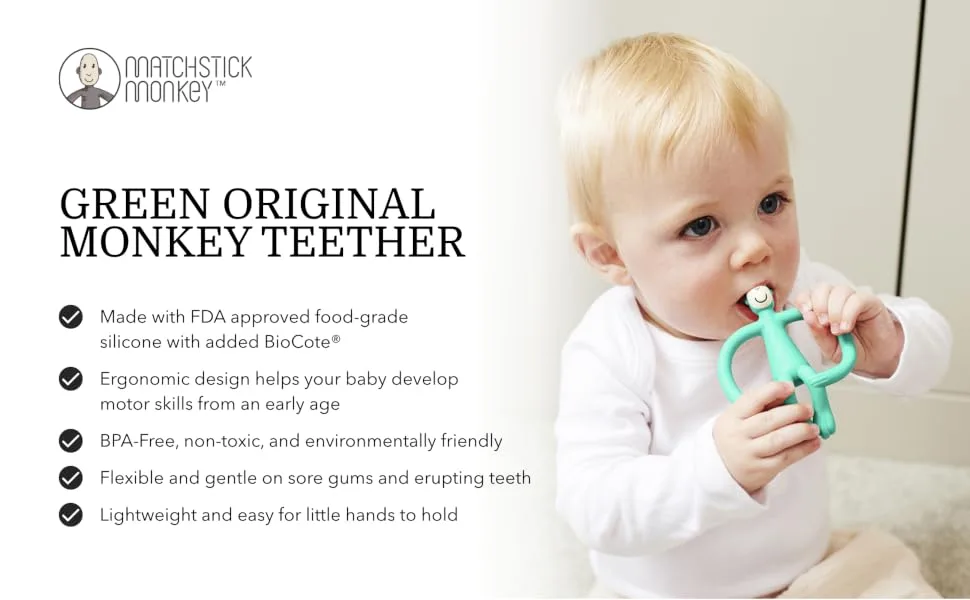 Matchstick Monkey Original Teether & Gel Applicator Silicone Easy To Grip BPA Free 3 Months Old+ 10.5 cm Green Monkey Green Monkey 3 Months Old+ 1 Original Monkey Teether - OMTGN