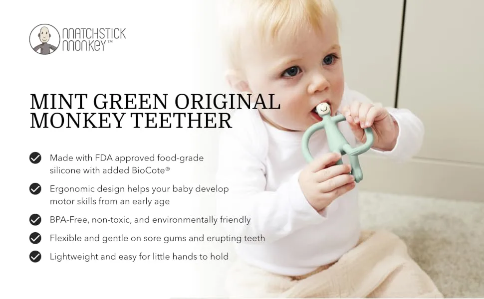 Matchstick Monkey Original Teether & Gel Applicator Silicone Easy To Grip BPA Free 3 Months Old+ 10.5 cm Mint Green Monkey Mint Green Monkey 3 Months Old+ 1 Original Monkey Teether - OMTMG