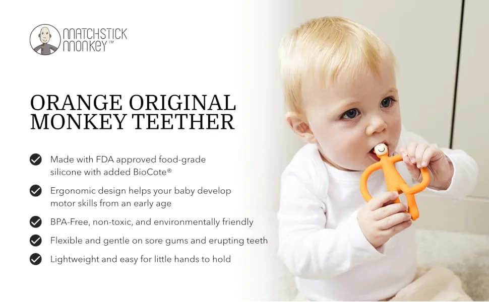 Matchstick Monkey Original Teether & Gel Applicator Silicone Easy To Grip BPA Free 3 Months Old+ 10.5 cm Orange Monkey Orange Monkey 3 Months Old+ 1 Original Monkey Teether - OMTO