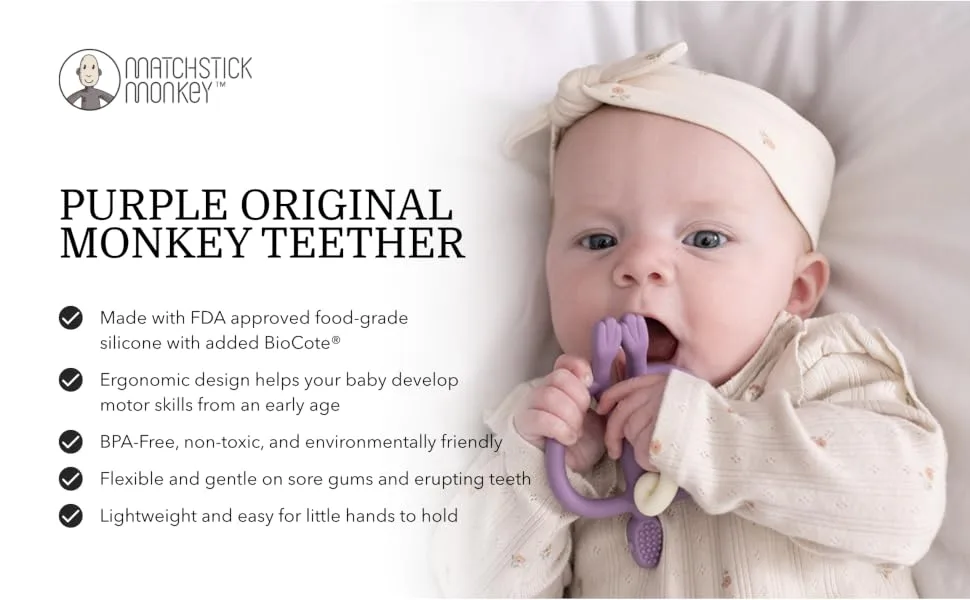Matchstick Monkey Original Teether & Gel Applicator Silicone Easy to Grip BPA Free 3 Months Old+ 10.5 cm Purple Monkey Purple 3 Months Old+ 1 Original Monkey Teether - Original Teether Purple - 01