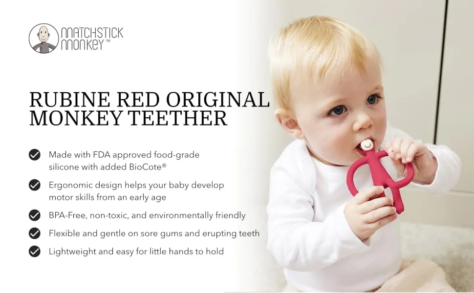 Matchstick Monkey Original Teether & Gel Applicator Silicone Easy To Grip BPA Free 3 Months Old+ 10.5 cm Rubine Red Monkey Rubine Red Monkey 3 Months Old+ 1 Original Monkey Teether - OTMRR