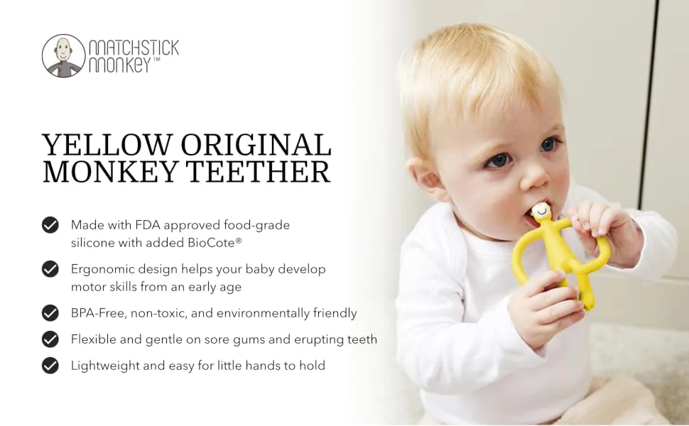 Matchstick Monkey Original Teether & Gel Applicator Silicone Easy To Grip BPA Free 3 Months Old+ 10.5 cm Yellow Monkey Yellow Monkey 3 Months Old+ 1 Original Monkey Teether - OTYM