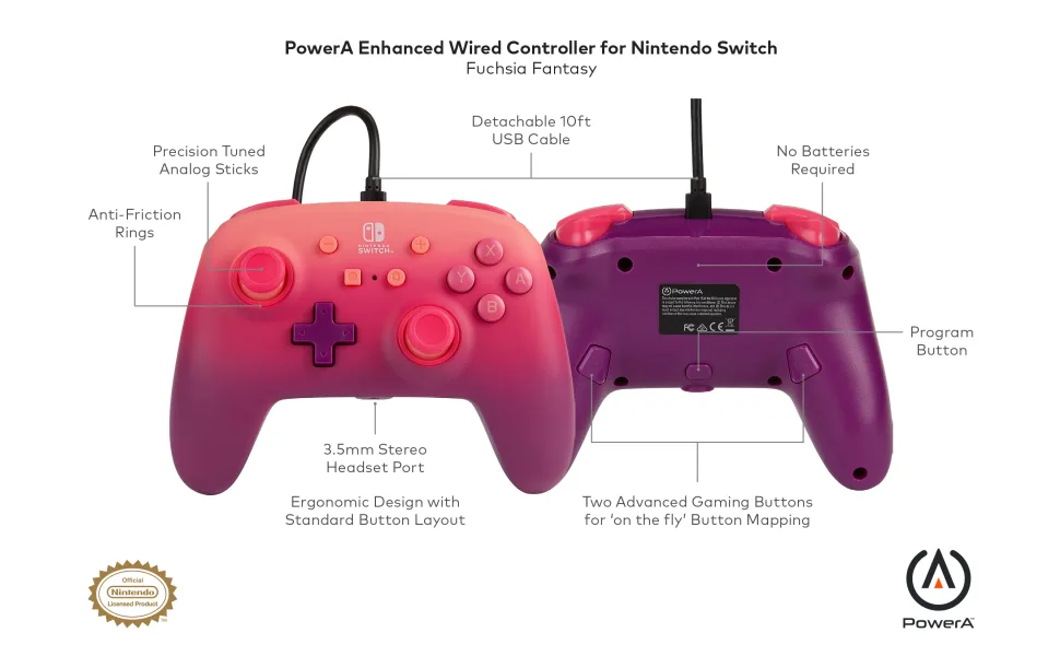PowerA Enhanced Wired Controller for Nintendo Switch - Fuchsia Fantasy pink red purple gamepad wired video game controller gaming controller - image