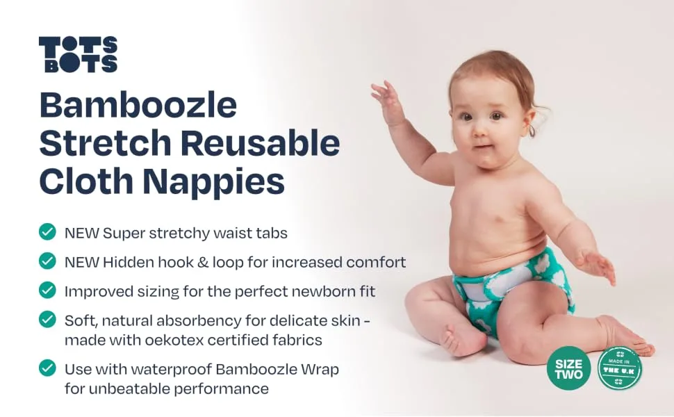 TotsBots Bamboozle Reusable Nappy - Eco-Friendly Reusable Nappies for Babies & Toddlers - Made from Bamboo - Fluffy Clouds Size 2 (9-35lbs) - BF (1)