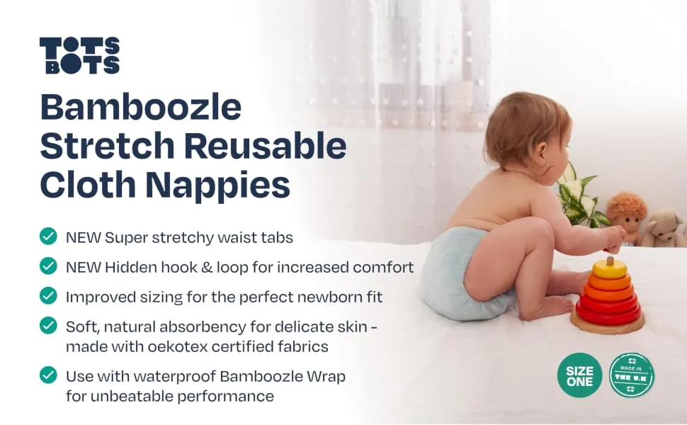 TotsBots Bamboozle Reusable Nappy - Eco-Friendly Reusable Nappies for Babies & Toddlers - Made from Bamboo - Mist Size 1 (0-15lbs) - BM (1)