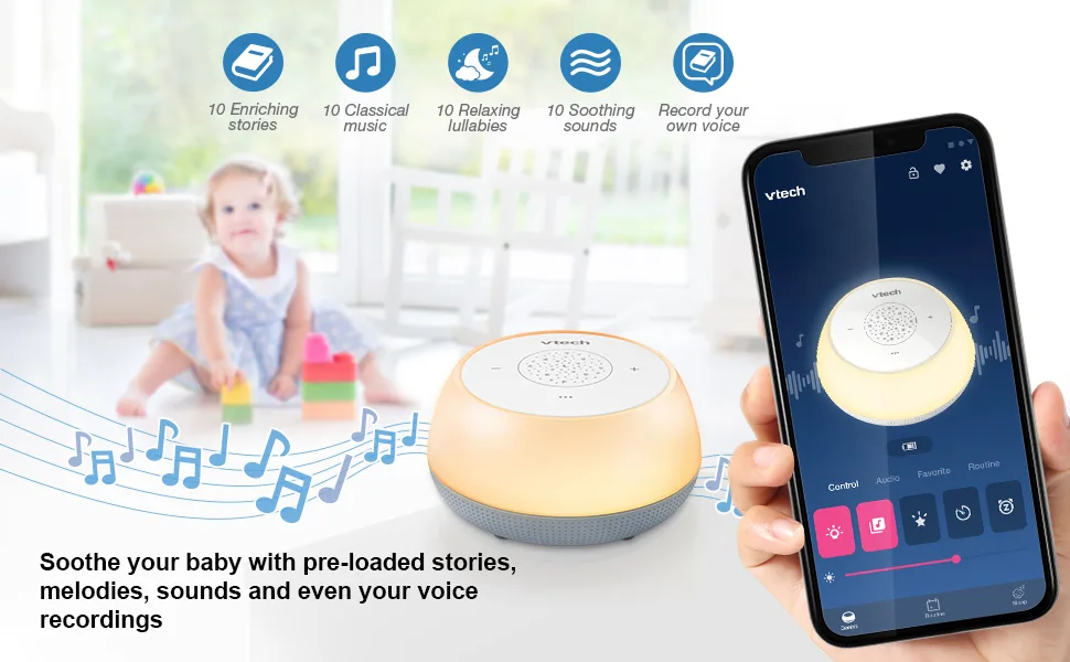 VTech BC8213 V-Hush Junior Sleep Training Soother with 40 Stories/Songs/Sounds & Record Your own Voice. Portable Bluetooth HD Speaker 250+ Multi-Colour Night Light Ceiling Projector - BC8213