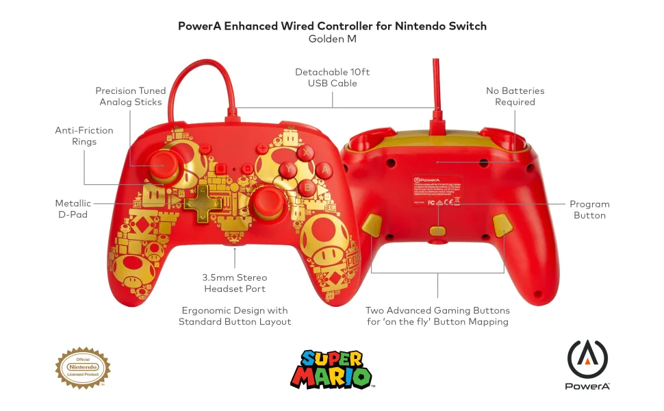 PowerA Enhanced Wired Controller for Nintendo Switch Golden M Gamepad Wired Video Game Controller Gaming Controller Mario Gold M - image