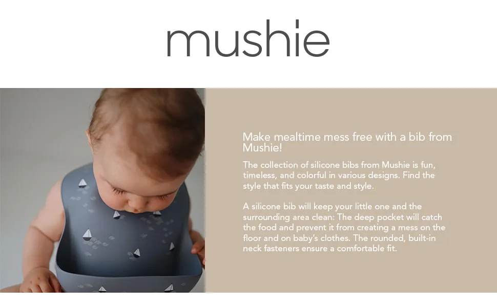 Mushie Baby Silicone Bib | Adjustable Fit Waterproof Bibs | Easy Wipe Baby Feeding Bibs | 4 Adjustable Sizes with Deep Front Pockets | 100% BPA and Phthalate Free Clay - Mushie Bib