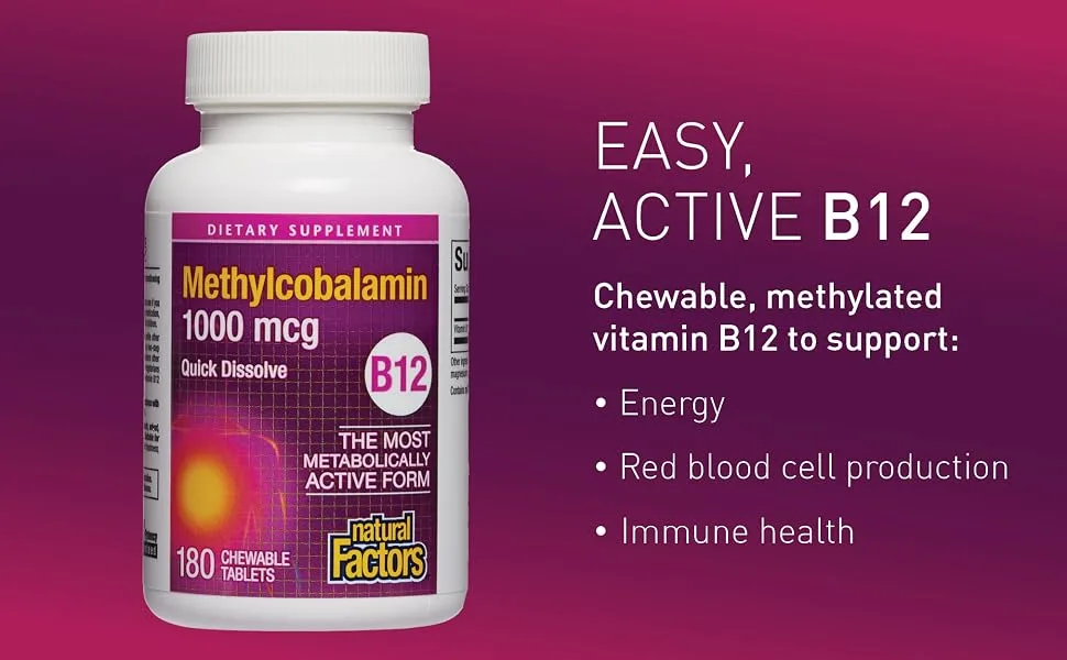 Natural Factors B12 Methylcobalamin 1000 mcg 180 Chewable Tablets - Easy, active B12
