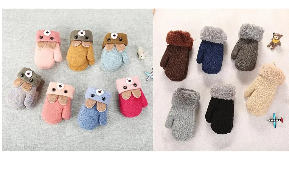 Toddler Kids Winter Warm Thick Plush Short Knitted Gloves With String for 1-3Yrs Beige/Bear - product information 1