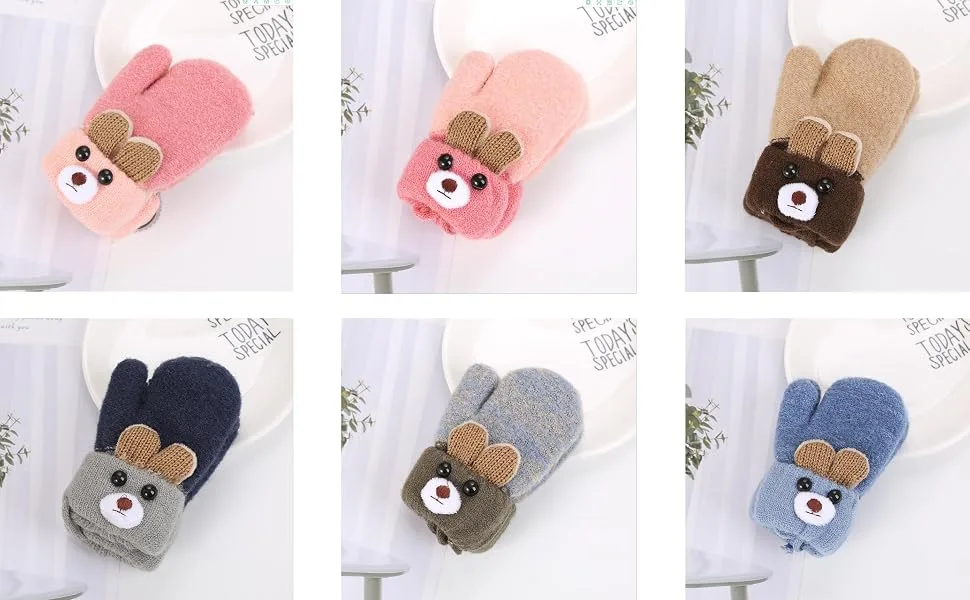 Toddler Kids Winter Warm Thick Plush Short Knitted Gloves With String for 1-3Yrs Black - product information 10