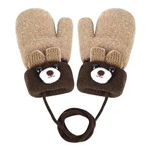 Toddler Kids Winter Warm Thick Plush Short Knitted Gloves With String for 1-3Yrs Black - product information 3