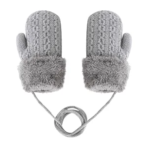 Toddler Kids Winter Warm Thick Plush Short Knitted Gloves With String for 1-3Yrs Blue - product information 4