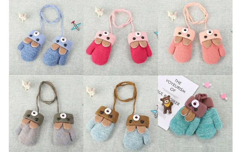 Toddler Kids Winter Warm Thick Plush Short Knitted Gloves With String for 1-3Yrs Orange/Bear - product information 11