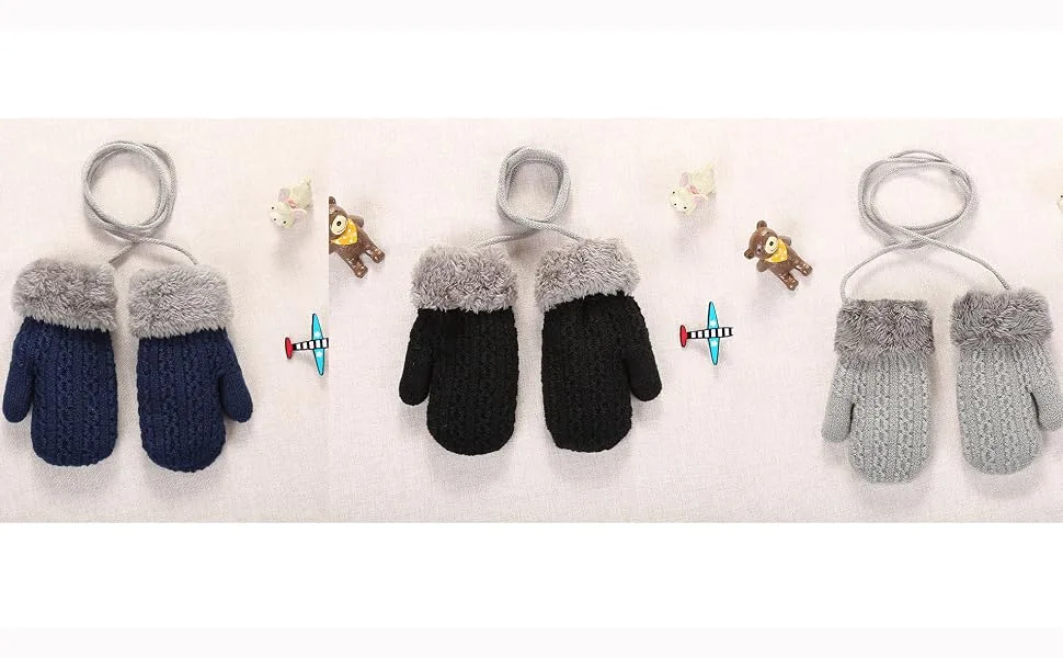 Toddler Kids Winter Warm Thick Plush Short Knitted Gloves With String for 1-3Yrs Orange/Bear - product information 9