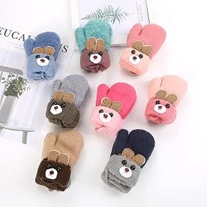 Toddler Kids Winter Warm Thick Plush Short Knitted Gloves With String for 1-3Yrs Pink/Bear - product information 2