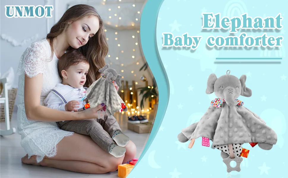 UNMOT Baby Comforters Blanket Newborn Touch Tag Blankets Elephant Soft Comforter Baby sleeping toy with Taggies Teether soft elephant security blanket (Grey) Single Elephant Comforter - 002-1