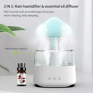 Snuggling Cloud Rain Humidifier - Water Sounds Cloud Mushroom Humidifiers with Drops Essential Oil Rain Cloud Diffuser Cute Raincloud Humidifier Night Light for Aromatherapy Bedroom Lamp (White) - 2 in 1 rain humidifier