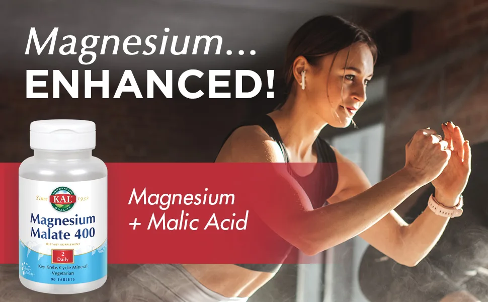 KAL Magnesium Malate 400 90 Tablets - KAL Magnesium Malate 400 Chelated with Malic Acid for Energy Supports Muscle 90 Vegetarian Tablets