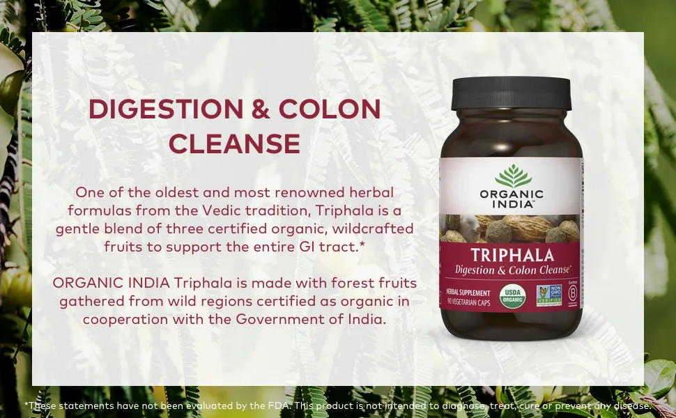 Organic India Triphala 90 Vegetarian Caps - nutrient dense vegan vegetarian gluten-free paleo keto friendly kosher usda certified non-gmo pure