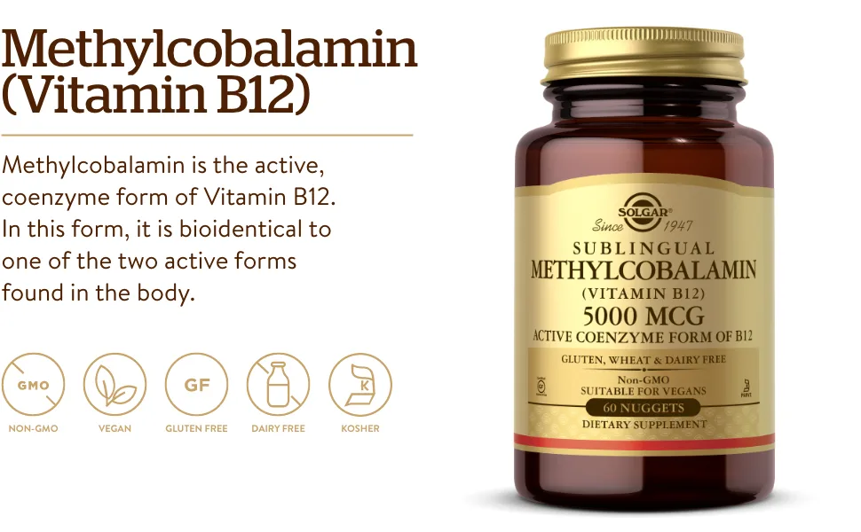 Solgar Sublingual Methylcobalamin (Vitamin B12) 5000 mcg 60 Nuggets - Solgar