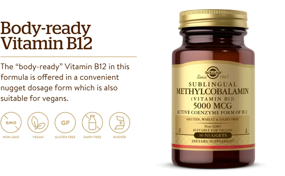 Solgar Sublingual Methylcobalamin (Vitamin B12) 5000 mcg 30 Nuggets - Fish Oil Supplement - Support for Cardiovascular, Joint Cellular Health EPA DHA Omega 3 Fatty Acids