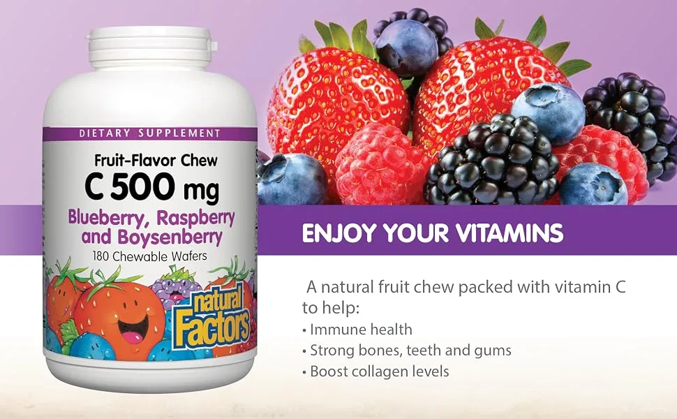 Natural Factors 100% Natural Fruit Chew Vitamin C Blueberry Raspberry and Boysenberry 500 mg 180 Chewable Wafers - ENJOY YOUR VITAMINS A natural fruit chew packed with vitamin C
