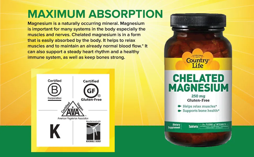 Country Life Chelated Magnesium 250 mg 180 Tablets - Chelated Magnesium