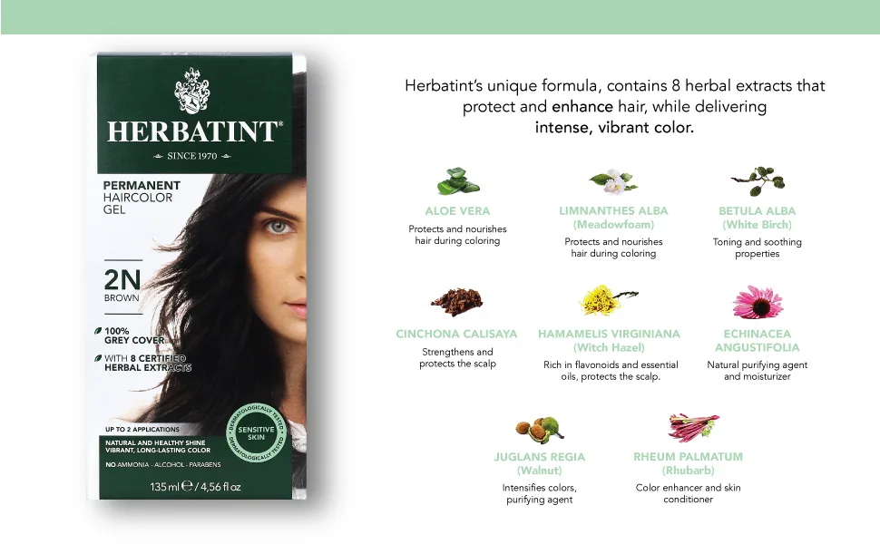 Herbatint Permanent Haircolor Gel 2N Brown 4.56 fl oz (135 ml) - herbatint