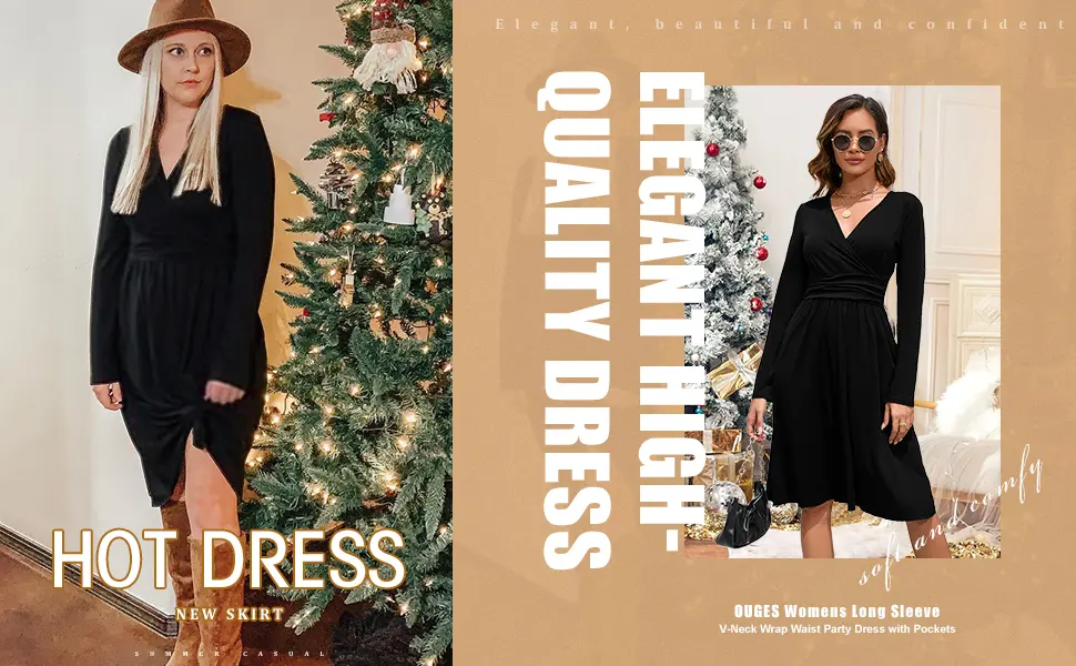 OUGES Women's Spring Casual Midi Dress Long Sleeve V-Neck Floral Ladies Wrap Dress with Pockets S Leopard02 - product information 10