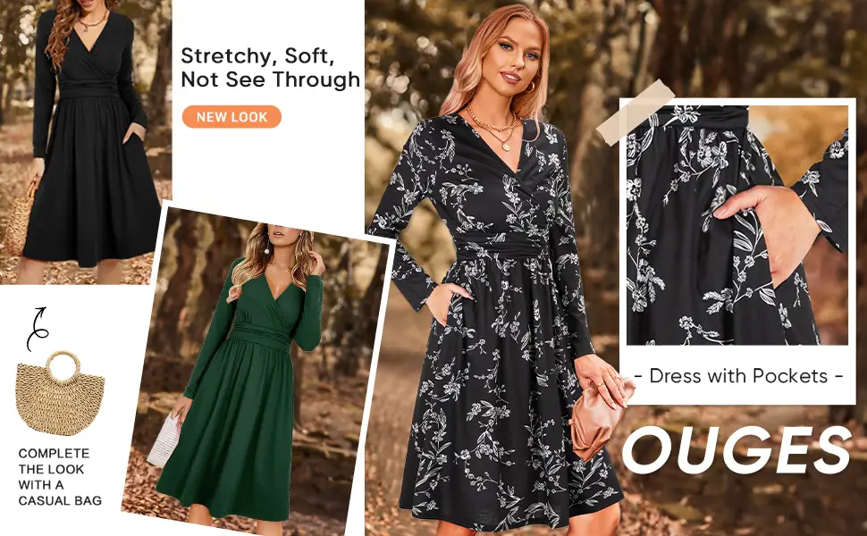 OUGES Women's Spring Casual Midi Dress Long Sleeve V-Neck Floral Ladies Wrap Dress with Pockets M Leopard02 - product information 8