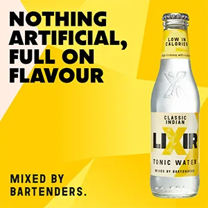 Lixir Premium Soda Water Premium Mixer 24 x 200ml Recyclable Glass Bottles - classic tonic water bottle next to