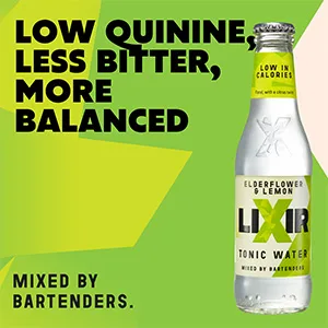 Lixir Premium Soda Water Premium Mixer 24 x 200ml Recyclable Glass Bottles - elderflower tonic water bottle next to statement on green and white background