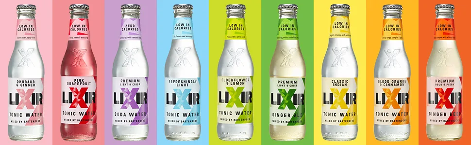 Lixir Premium Soda Water Premium Mixer 24 x 200ml Recyclable Glass Bottles - Lixir range of bottles on matching coloured background