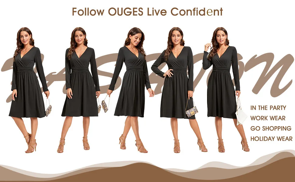 OUGES Women's Spring Casual Midi Dress Long Sleeve V-Neck Floral Ladies Wrap Dress with Pockets S Color01 - fashion dress