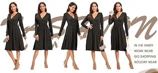 OUGES Women's Spring Casual Midi Dress Long Sleeve V-Neck Floral Ladies Wrap Dress with Pockets S Color01 - fashion dress