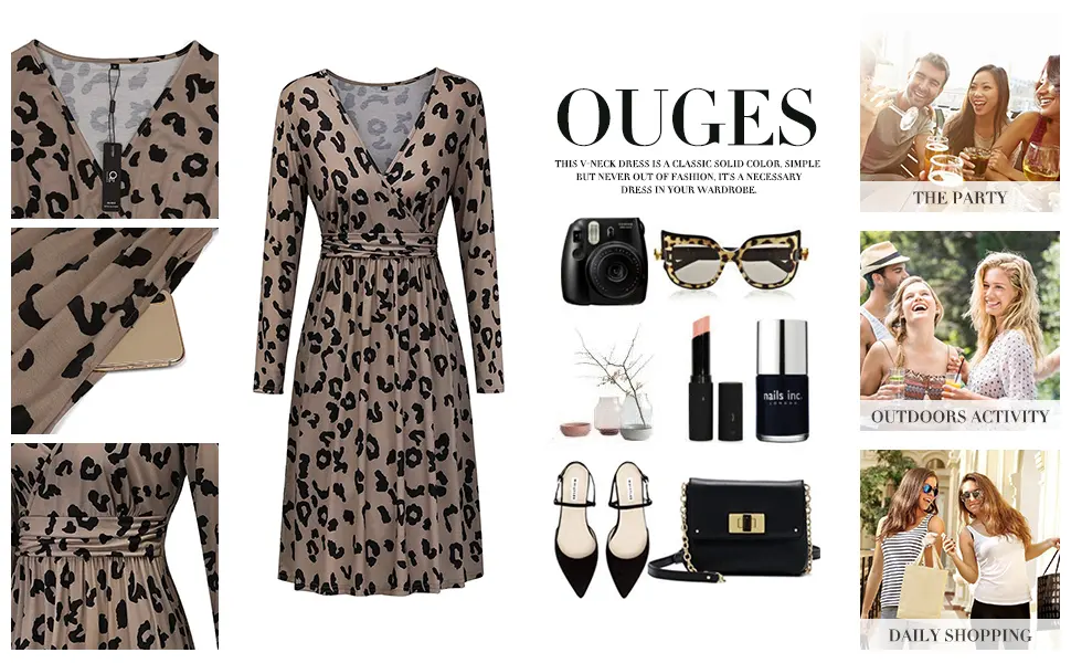 OUGES Women's Spring Casual Midi Dress Long Sleeve V-Neck Floral Ladies Wrap Dress with Pockets S Color01 - product information 13