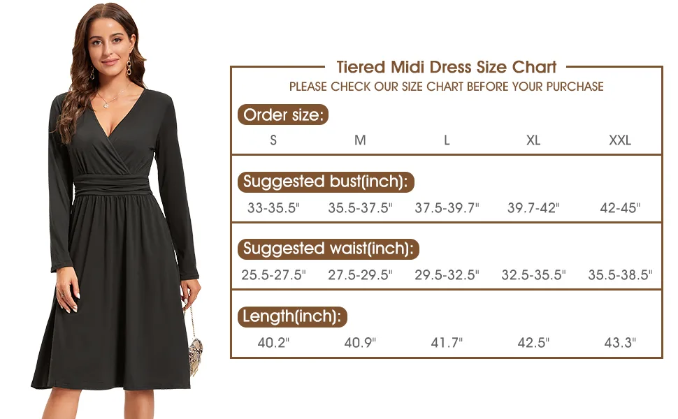 OUGES Women's Spring Casual Midi Dress Long Sleeve V-Neck Floral Ladies Wrap Dress with Pockets S Color01 - size chart