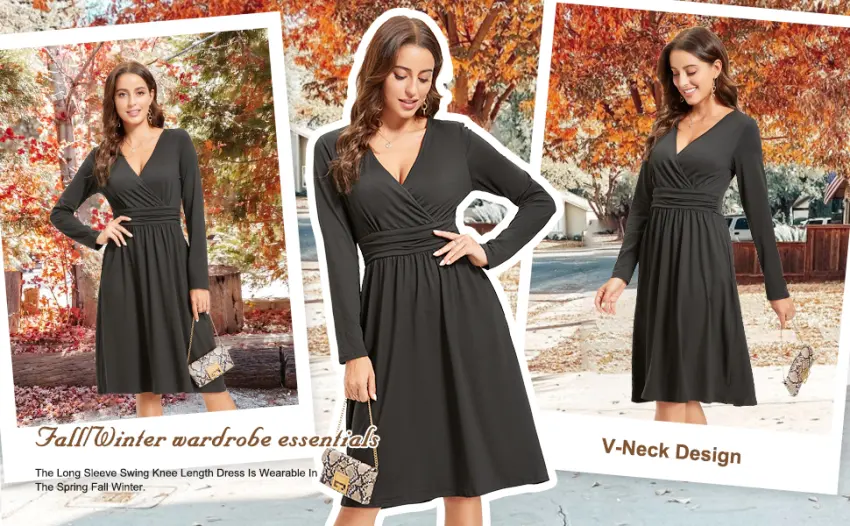 OUGES Women's Spring Casual Midi Dress Long Sleeve V-Neck Floral Ladies Wrap Dress with Pockets S Color01 - SPRING autumn WINTER dress