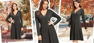 OUGES Women's Spring Casual Midi Dress Long Sleeve V-Neck Floral Ladies Wrap Dress with Pockets S Color01 - SPRING autumn WINTER dress