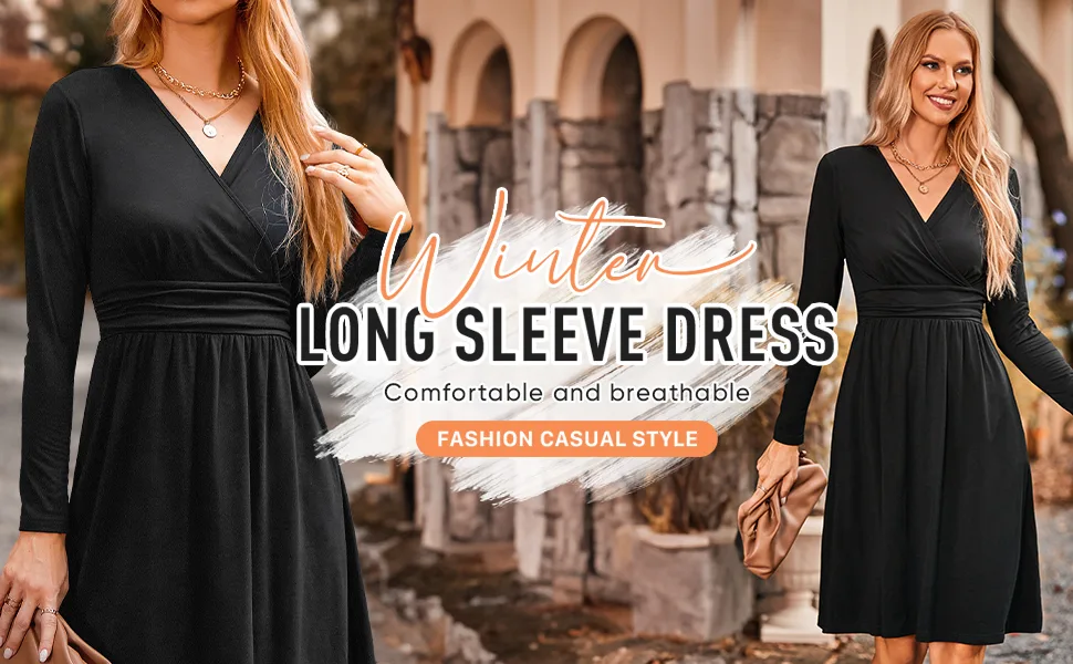 OUGES Women's Spring Casual Midi Dress Long Sleeve V-Neck Floral Ladies Wrap Dress with Pockets XL Black - product information 7