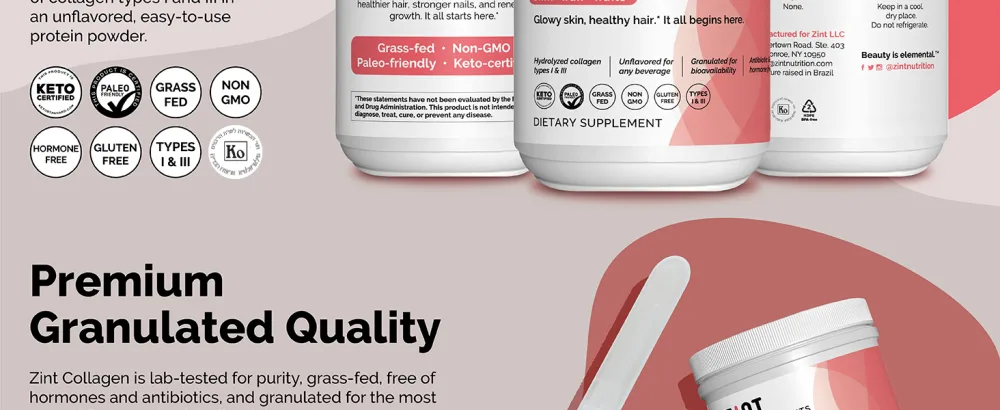 Zint Grass-Fed Beef Collagen Hydrolyzed Collagen Types I & III 32 oz (907 g) - premium granulated kosher collagen for women powder for women
