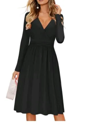 OUGES Women's Spring Casual Midi Dress Long Sleeve V-Neck Floral Ladies Wrap Dress with Pockets S Blue - product information 6