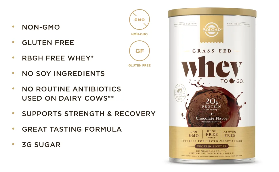 Solgar Grass Fed Whey to Go Protein Powder - Chocolate - 13 Oz. - Diet